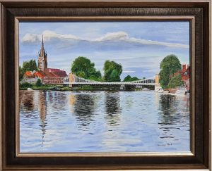 Painting of the Marlow Suspension Bridge with All Souls church behind.