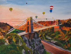 A painting of Clifden Suspension Bridge near Bristol with baloons drifting in the sky beyond