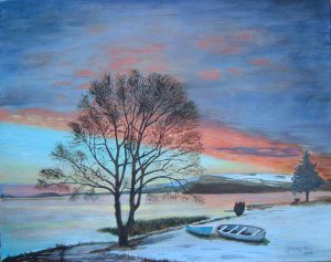 Painting of Daybreak over Lough Macnean in Fermanagh Northern Ireland.