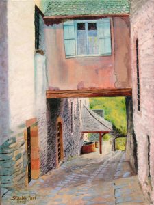 Porte de la vinzell in Conques, Aveyron Painting of Porte de la Vinzelle, in Conques. France, on the pilgrim route to Santiago de Compostello in Spain or the Way of St Jamesl