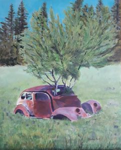 A painting showing Plenty of life growing out of this old car
