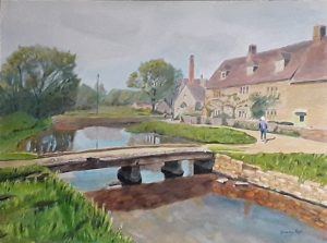 Painting of Lower Slaughter village in the Cotswolds with its river, stone bridge, pretty houses and watermill