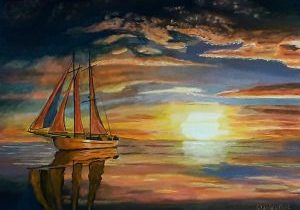 Sailing Boat in Sunset Painting